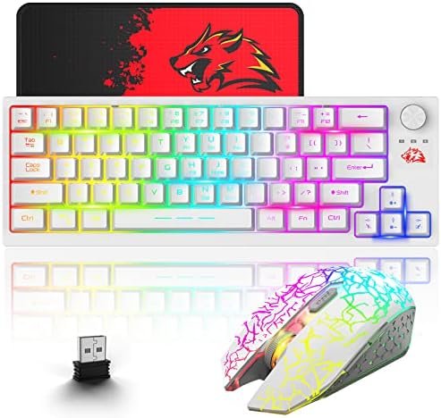 Combo Teclado y Ratón Inalámbrico para Windows, 2.4 GHz con Receptor USB, 64 Teclas con perilla RGB Retroiluminado Recargable 3000mAh Batería Teclado 2400 DPI Mouse con alfombrilla de ratón - Blanco