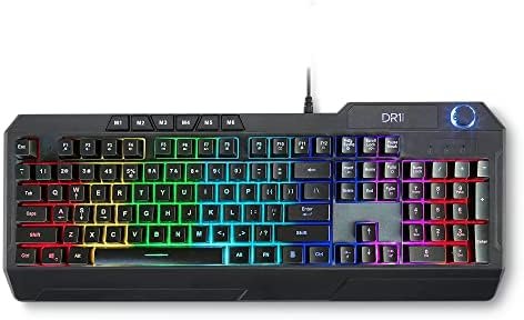 DR1TECH [Amazon Exclusive] Wasp Teclado Gaming RGB para PC Retroiluminado Y Ergonómico - 104 Teclas con 26-Key Anti Ghosting - Teclado USB con Cable + Knob Multimedial, teclado ingles