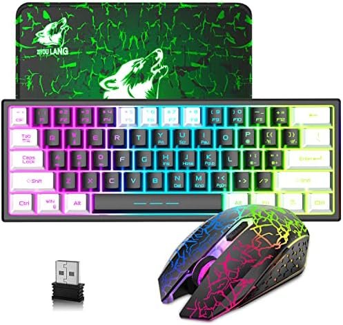 LexonElec T61 60% Compact Negro y Blanco Teclado y Raton Gaming Inalámbrico USB Wireless Keyboard Retroiluminado Pequeño Ergonomico 3800mAh RGB QWERTY + 2400 DPI Rainwbow Mouse - PC PS4 Xbox Mac Panda