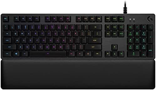 Logitech G513 Teclado Gaming Mecánico con Reposamuñecas, RGB LIGHTSYNC, Teclas GX-Táctil Marrón, Aleación de Aluminio, Teclas F Personalizables, Paso de USB, Disposición QWERTY ES, Carbón y Negro