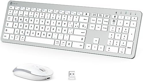 iCleve Teclado y Ratón Inalámbrico GK08 Recargable Teclado Ergonómico Silencioso Diseño de Tamaño Completo con Teclado Numérico 2.4G Conexión Estable Teclado y Ratón Mac Delgado para Windows/Mac