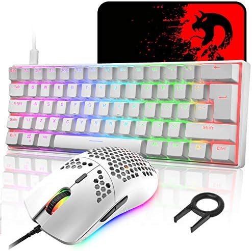 LexonElec MK21 UK Layout 60% Teclado Mecánico Set, 62 Teclas con Cable RGB Teclado Retroiluminado para Juegos + 6400DPI Ratón de Nido de Abeja Ultraligero + Mouse Pad para PC Mac - White/Blue Switch