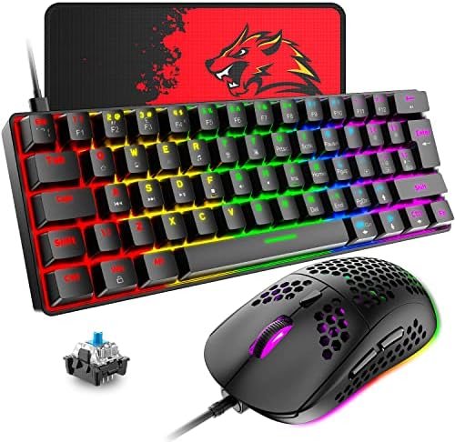 T60 Juego de Teclado y Mouse Con Cable, Teclado Mecánico 60% Compacto 62 Teclas, 19 Luces LED Arcoíris, UK Layout + Ratón para Juegos PS4 de 6400 DPI + Mouse Pad para PC, Mac - Interruptor Azul/Negro