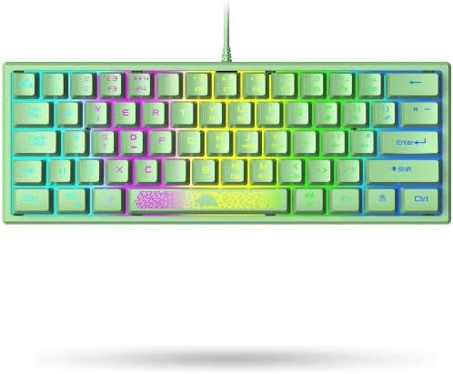 60% Teclado para juegos verde con cable, Teclado retroiluminado mini RGB compacto de 62 teclas - Mechanical Feel Ergonómico Anti-ghosting láser tallado Media key, para PC Laptop MAC ps4 Gamer Office