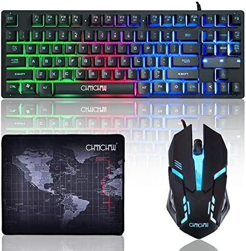 CHONCHOW TKL Combo de teclado y mouse para juegos de 87 teclas, teclado retroiluminado LED arcoíris con cable 800-3200 DPI RGB, juegos para PS4, Xbox, PC, laptop, Mac