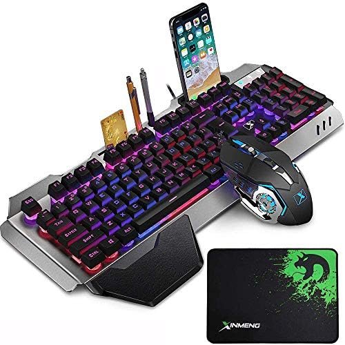 LexonElec Juegos de Teclado y Mouse para Juegos K618 con Cable RGB LED retroiluminado 104 Teclas Resto de la Mano USB Gamer Teclado Metal + 2400DPI Optical 6 Botones PC Game Mouse + Mousepad