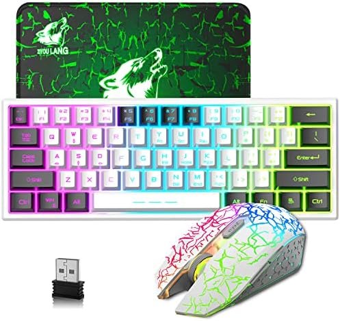 LexonElec T61 60% Compact Blanco Teclado y Raton Gaming Inalámbrico - USB Wireless Keyboard Retroiluminado Pequeño Ergonomico 3800mAh RGB QWERTY + 2400 DPI Rainwbow Mouse - Accessories PC PS4 Xbox Mac