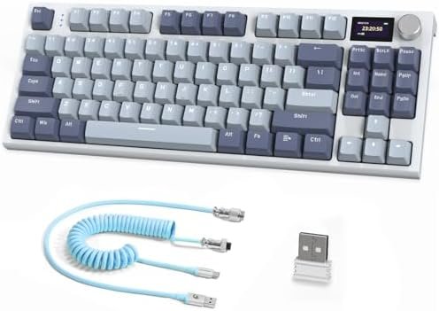 RK86 Pro Teclado Mecánico Wireless 75%, Teclado para Juegos Tri-Modo con 2.4G/BT5.0/USB-C Cable, US Layout TKL 87 Tecla, Pantalla TFT HD de 1.2'' y Perilla, RGB Backlit Hot-Swap Linear Switch/Azul