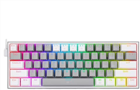 Redragon Teclado Mecánico Gaming K617 Fizz RGB |Teclado Gaming 60% |interruptores Rojos | Distribución Ingles Us| Cable USB | Teclado para Juegos 61 Teclas | Gris y Blanco