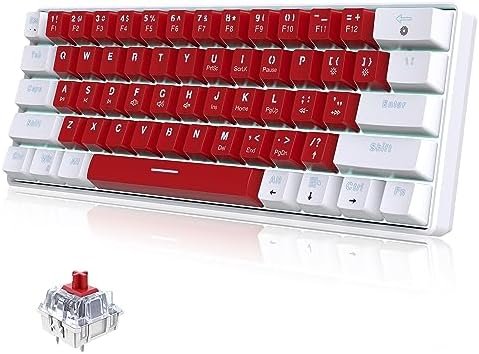 Snpurdiri Teclado mecánico con cable 60% para juegos, retroiluminado LED blanco, ultra compacto, pequeño teclado de oficina para Windows, laptop, PC, Mac (interruptores blanco-rojo, rojos)